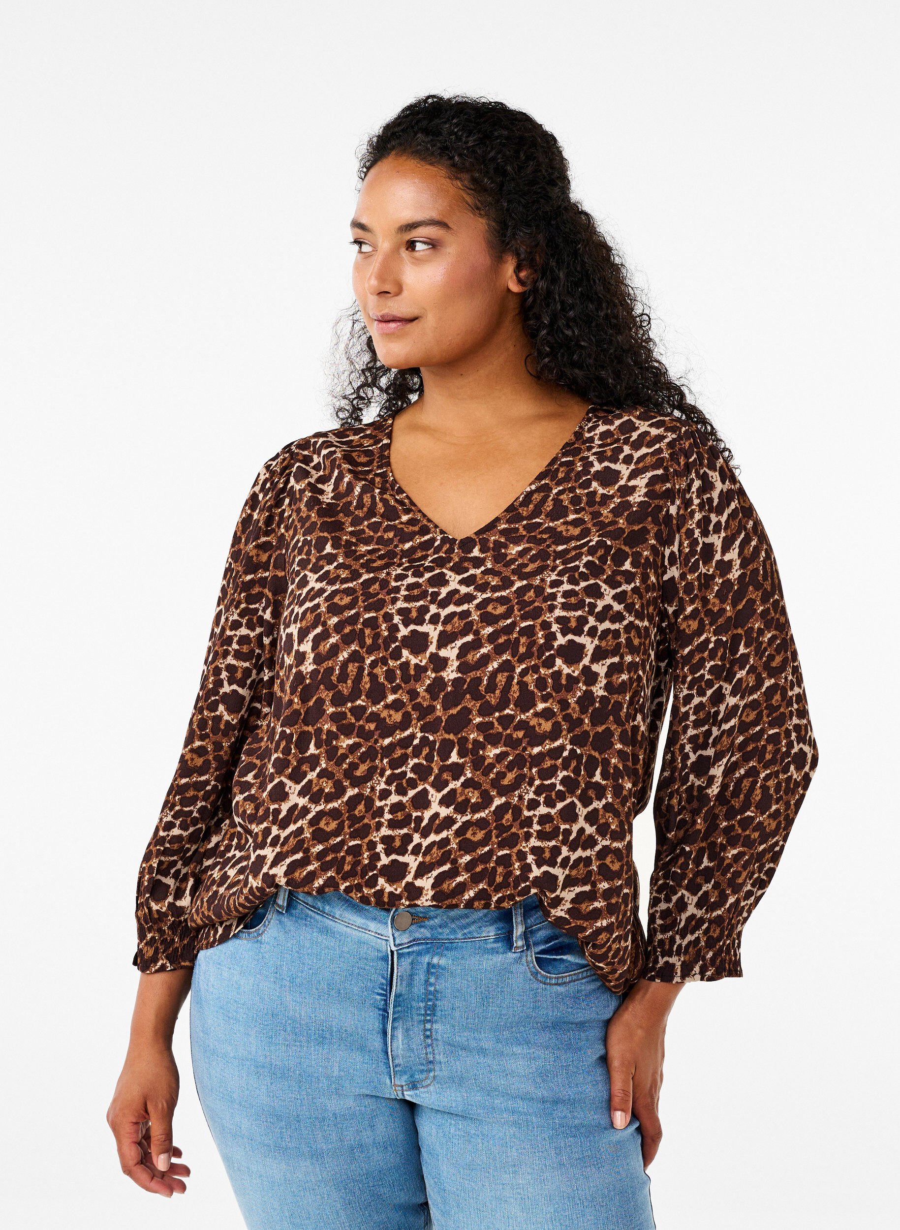 Bluse med leopardprint og 3/4 ærmer