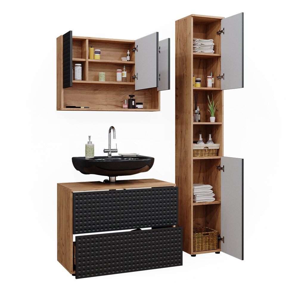 Vicco Badmöbel-Set Irma Eiche Anthrazit 3-teilig Hochschrank Waschbeckenschrank 80 cm