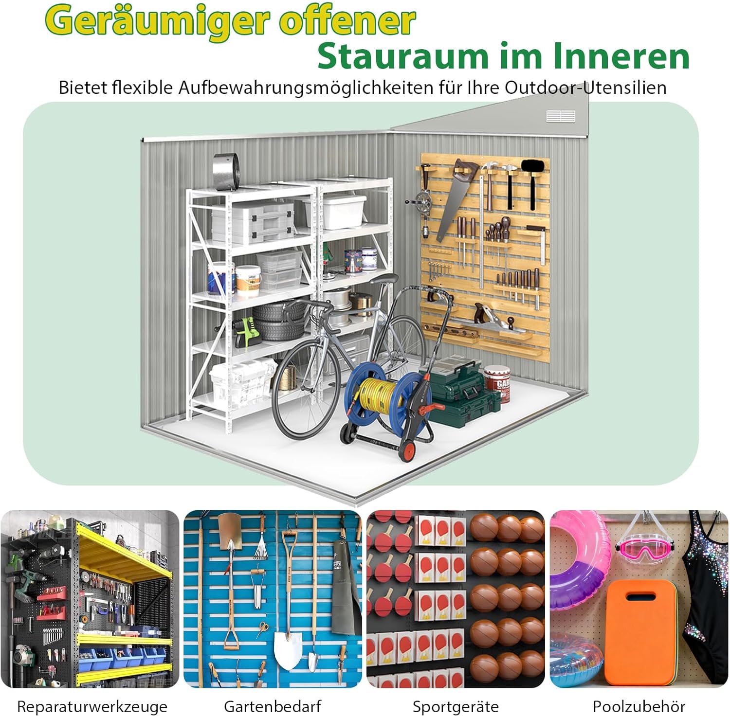 COSTWAY Gartenhaus Metall, 235 x 174 x 197 cm, Gerätehaus mit Vordertür & Seitentür & Pultdach, Geräteschuppen abschließbar, Gartenhütte Gartenschuppen, Garten Schuppen Outdoor