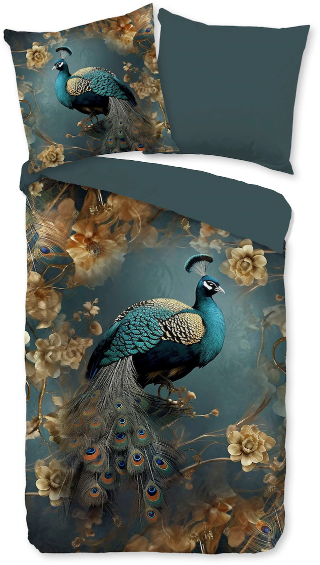 PURE luxury collection Wendebettwäsche »Savaya« 2 Stk. tlg. Mikrofaser, 135x200, Pflegeleicht, Wende, Pfau, Blumen, Petrol, Gold