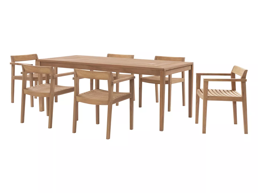 Salle à manger de jardin en teck : 1 table L.200 cm + 6 fauteuils - Naturel clair - ALLENDE de MYLIA