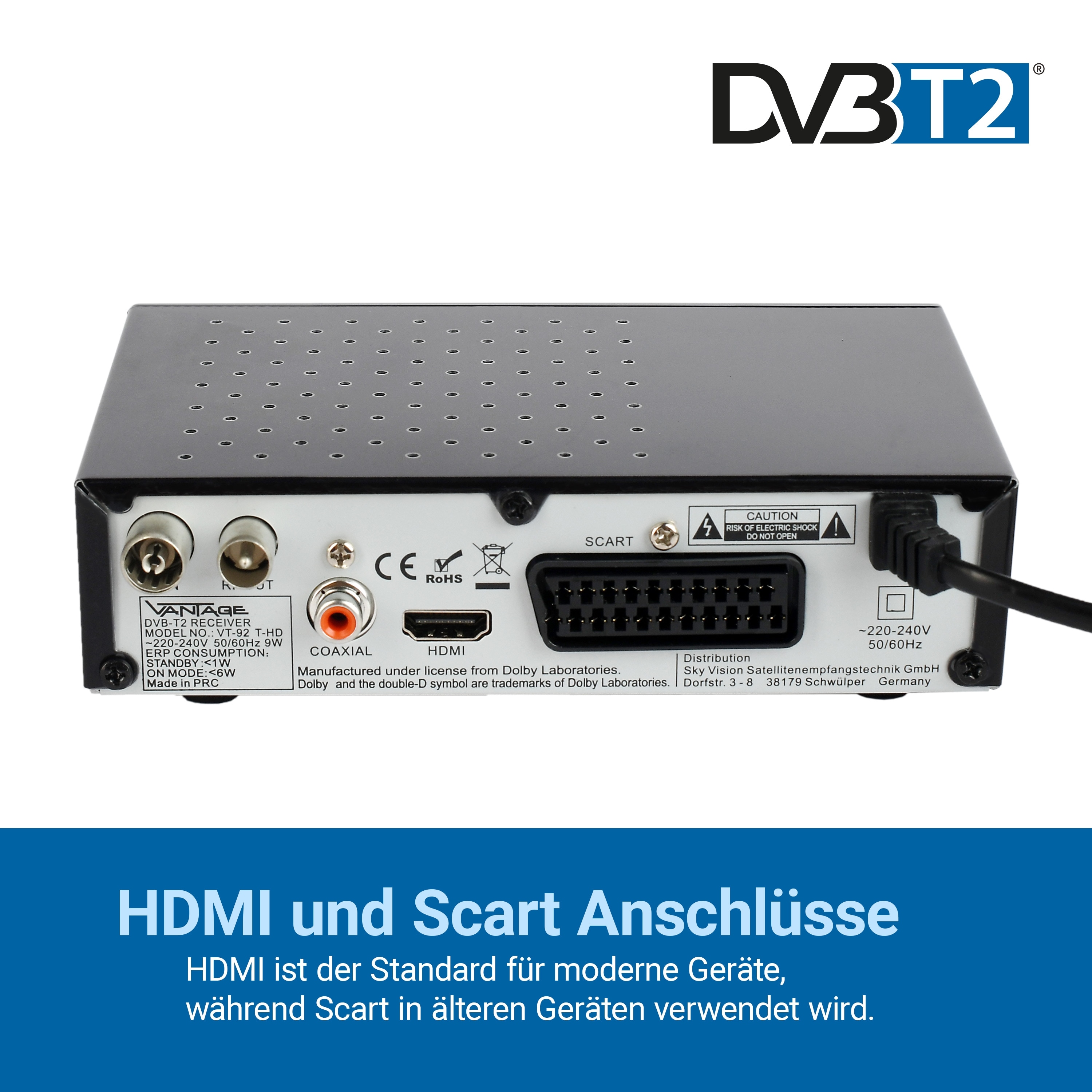 Vantage VT-92 DVB-T2 Receiver, Full HD 1080p, HDMI und SCART