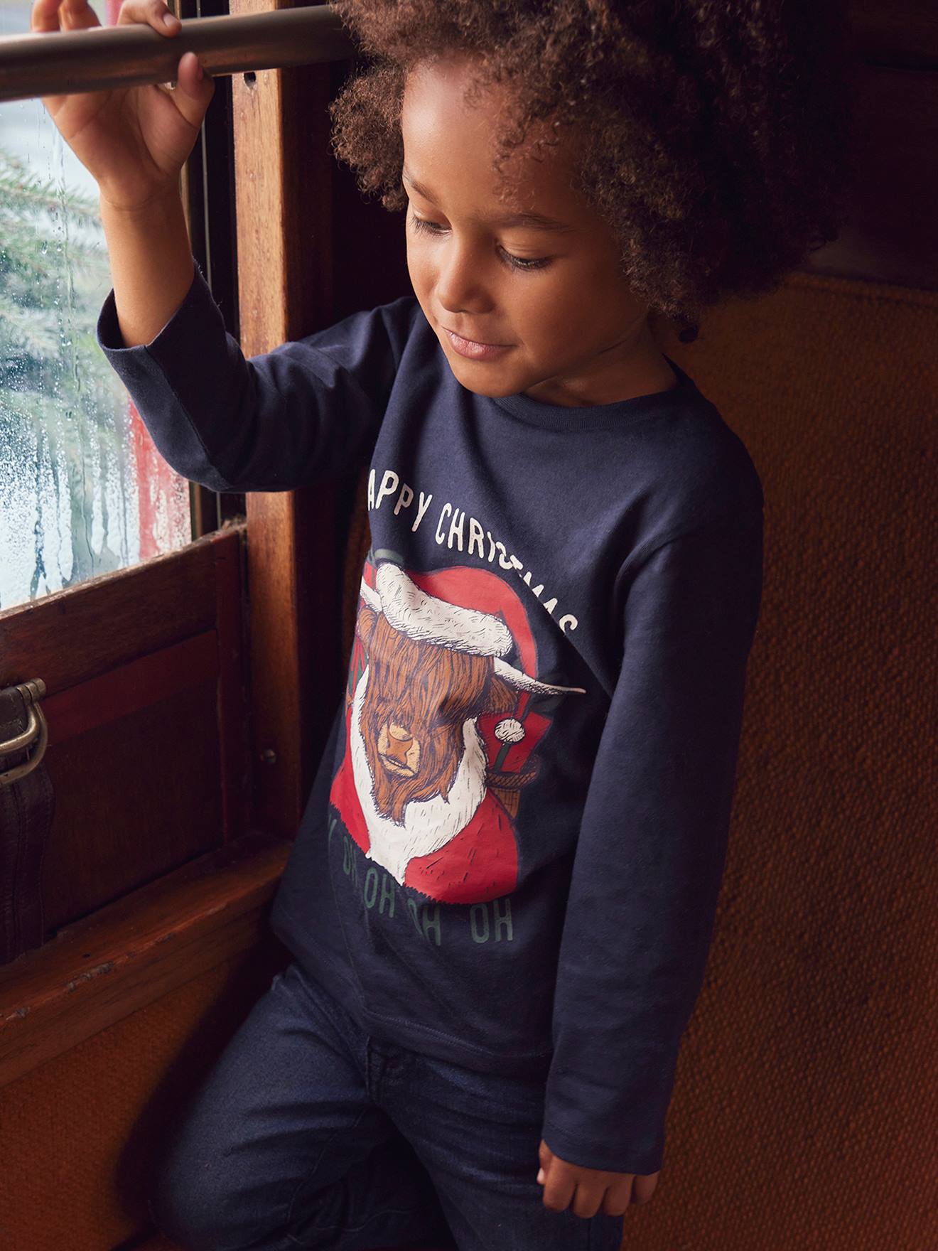 Camiseta natalina com estampa divertida de animais, para meninos, azul-escura lisa com desenhos.