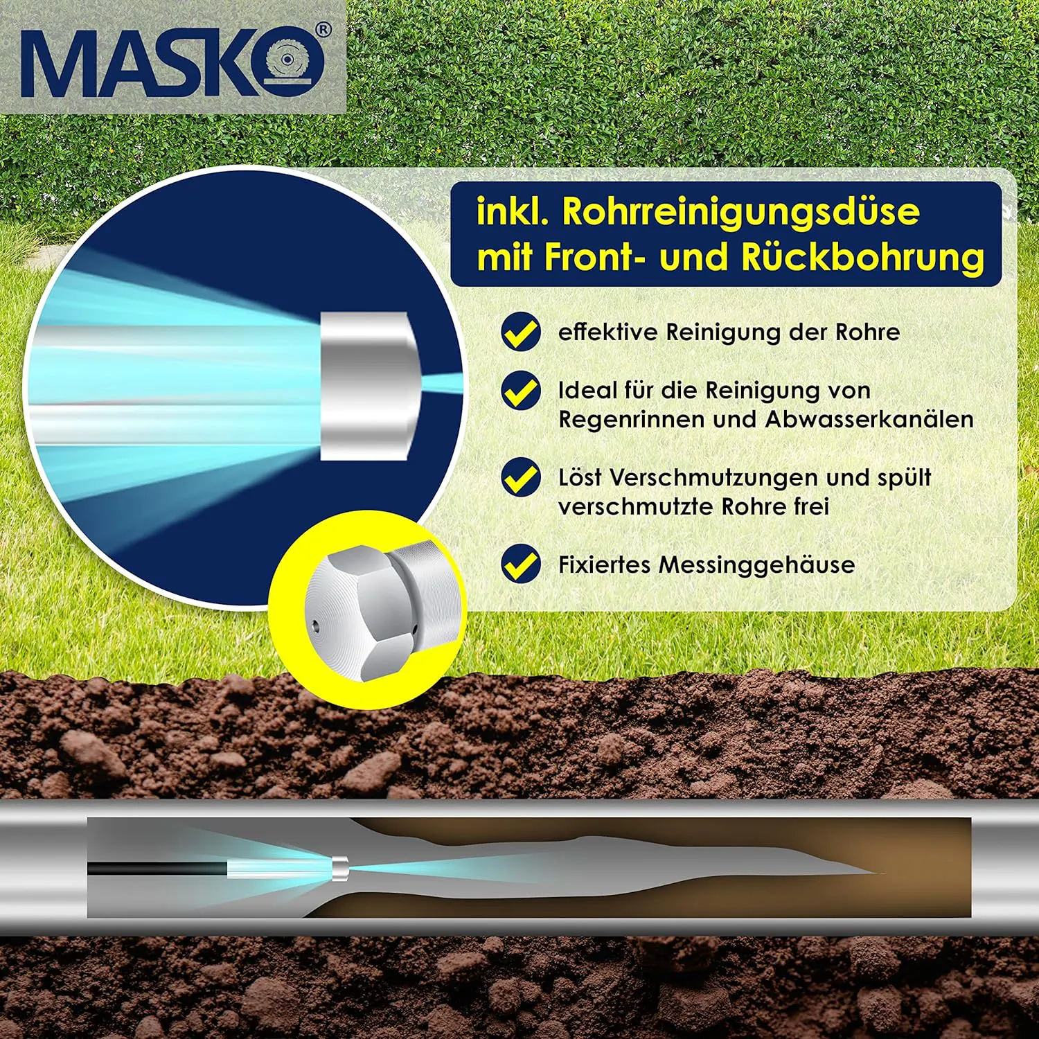 MASKO® Premium Rohrreinigungsschlauch Set Abflussreiniger 200 bar inkl. Tasche 3 Adapter 2 Düsen + rotierend kompatibel mit Kärcher k2-k7 LAVOR Hochdruckreiniger universal Rohrreinigungsset