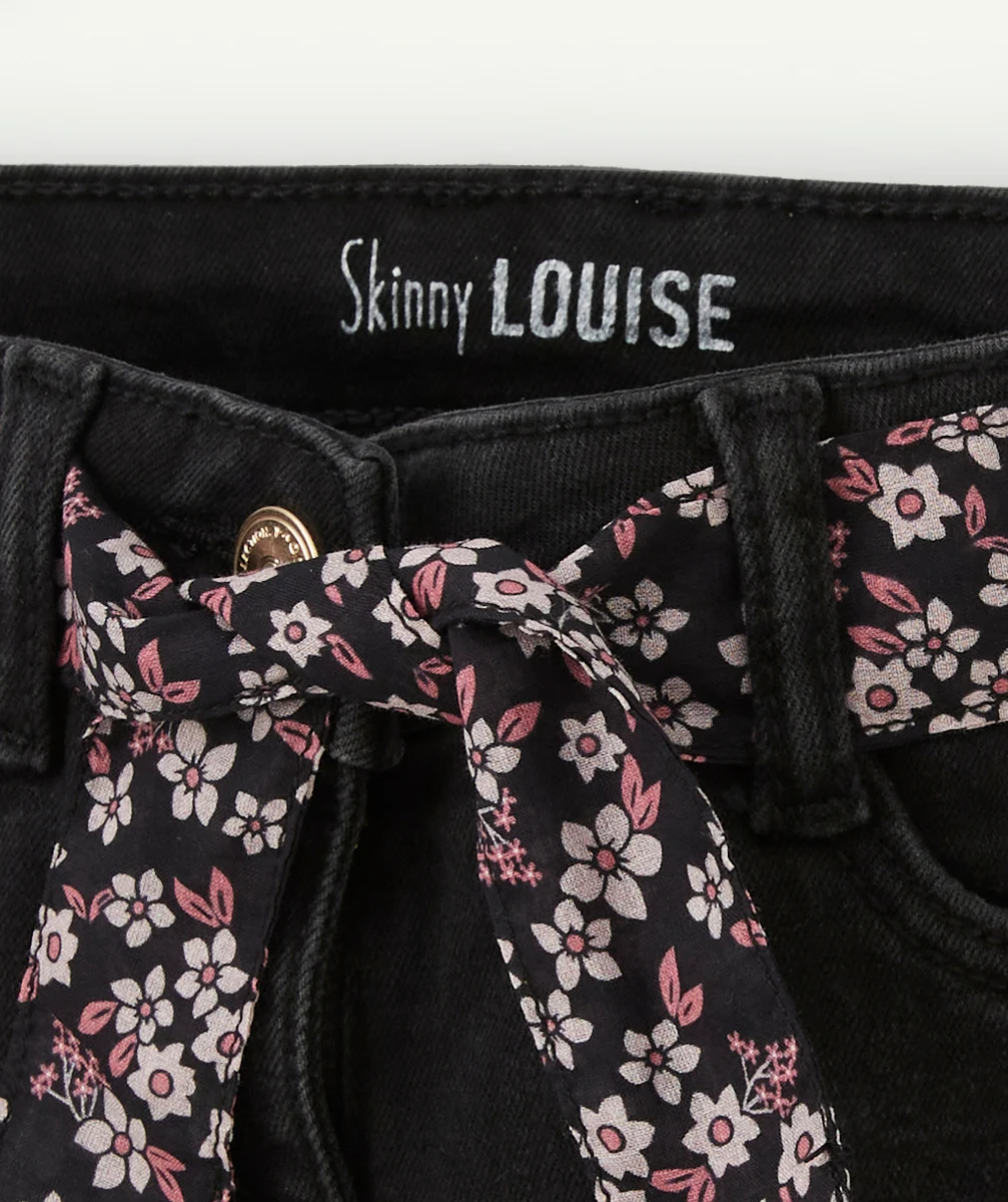 PANTALON FILLE SKINNY NOIR LESS WATER AVEC CEINTURE FLEURIE