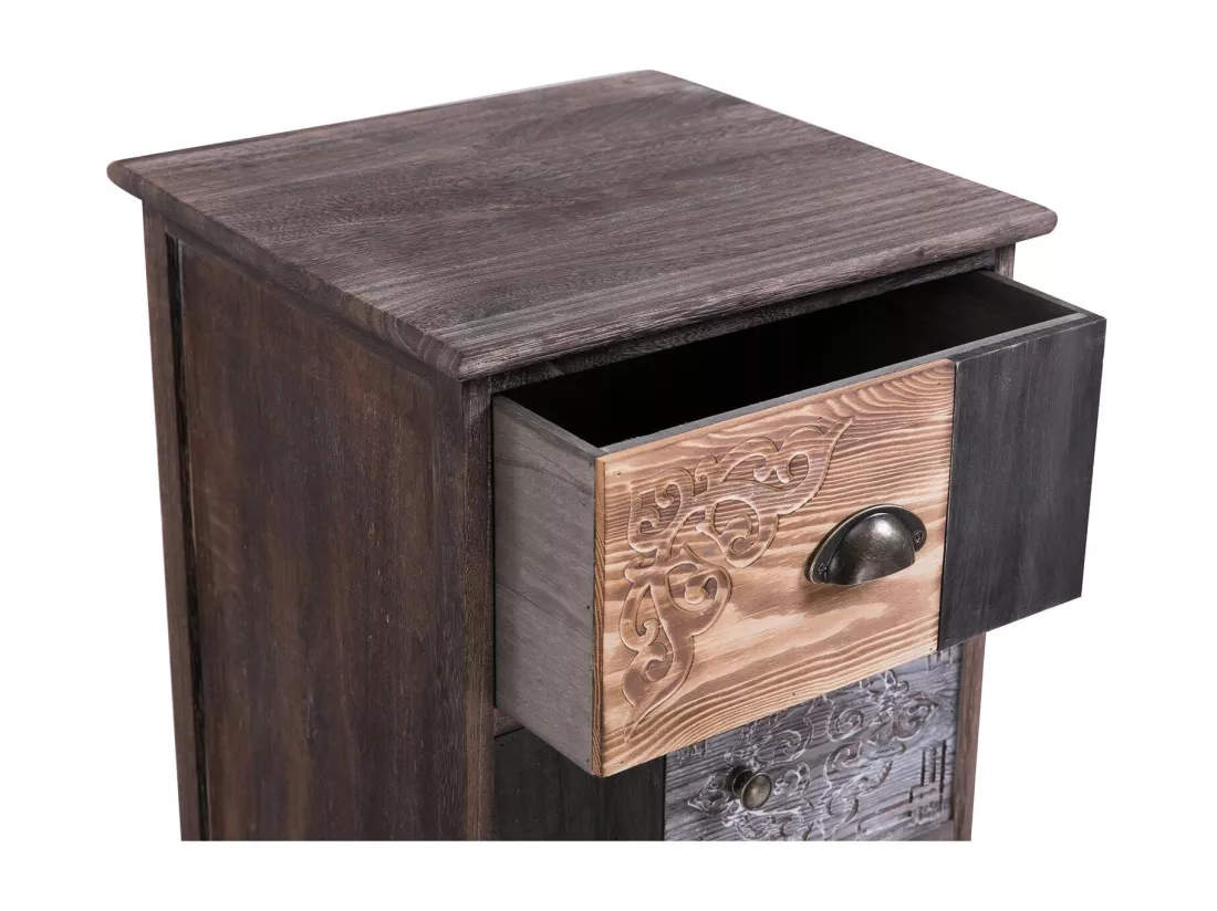 Chiffonnier MARA avec 5 tiroirs, commode en bois de paulownia style vintage ethnique bohême avec gravures