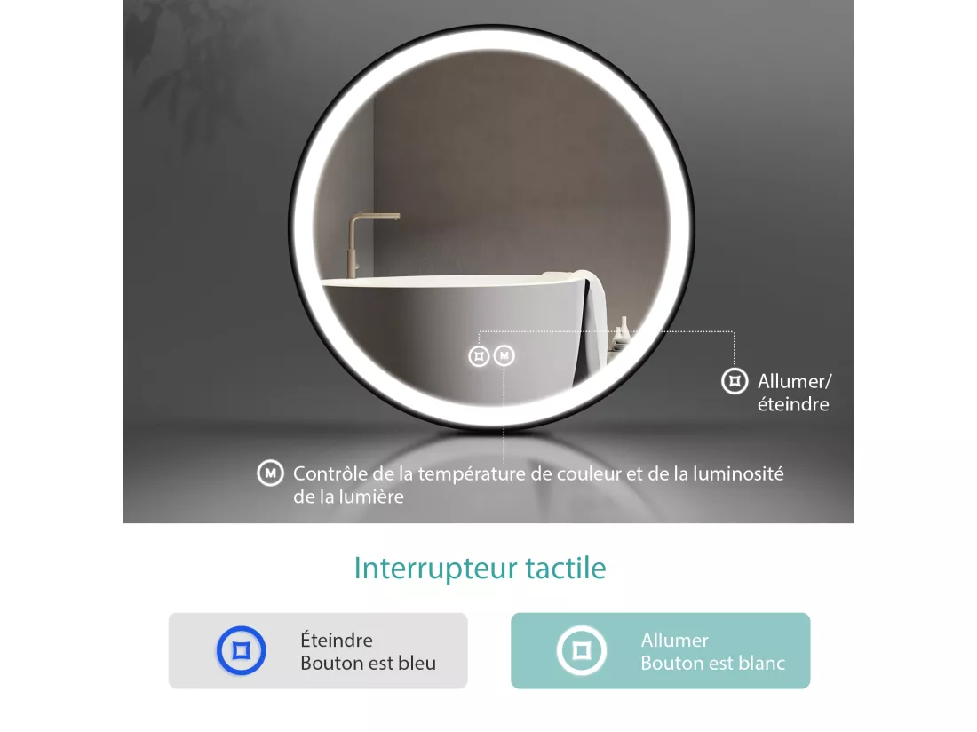 EMKE Miroir lumineux salle de bain rond diamètre 70cm cadre noir, Sangle réglable, Miroir LED avec Interrupteur Tactile, Lumière Froide/Chaude/Neutre
