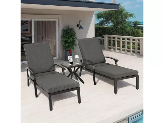 Chaise longue de jardin 1 pièce avec coussin gris imperméable en coton inclinable et réglable structure aluminium antirouille transat piscine extérieur