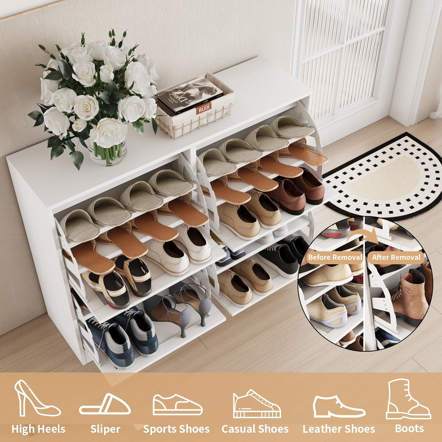 VOWNER Schuhschrank mit 4 Klappen, Schuhschrank Schmal Schuhregal, mit 12 Fächern, Schuhablage Verstellbar, 105 x 30 x 80 cm, Anti-Kipp-Vorrichtung für Eingangsbereich, Flur, (Weiss)