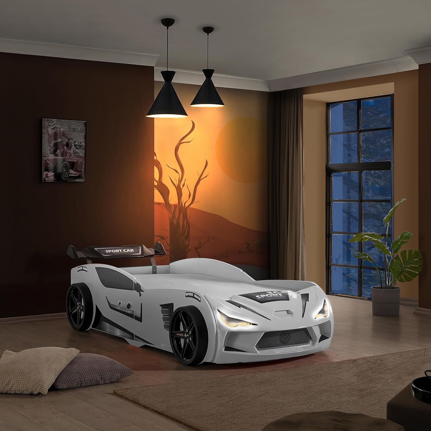 Autobett Kinder Kinderbett Rio 90x200 Rennwagenbett inkl. Lattenrost LED-Leuchte Spoiler (ohne Matratze, Weiß ohne Sportsitze)