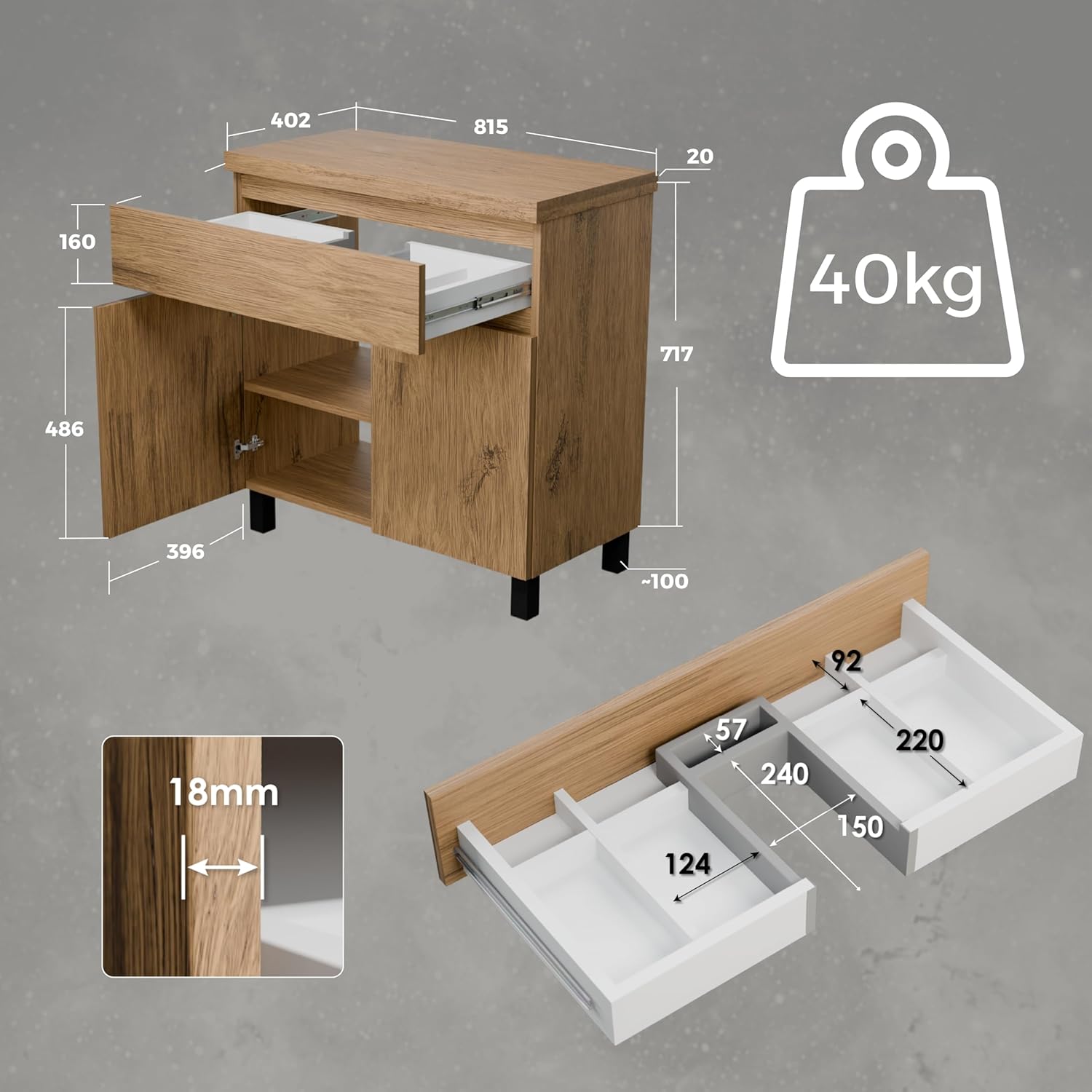 Waschbeckenunterschrank Ariza TOP 80 cm Breite, ohne Waschbecken, Unterschrank mit Schublade, Hängend oder Stehend, für Aufsatzwaschbecken - Holz/Eiche Lancelot
