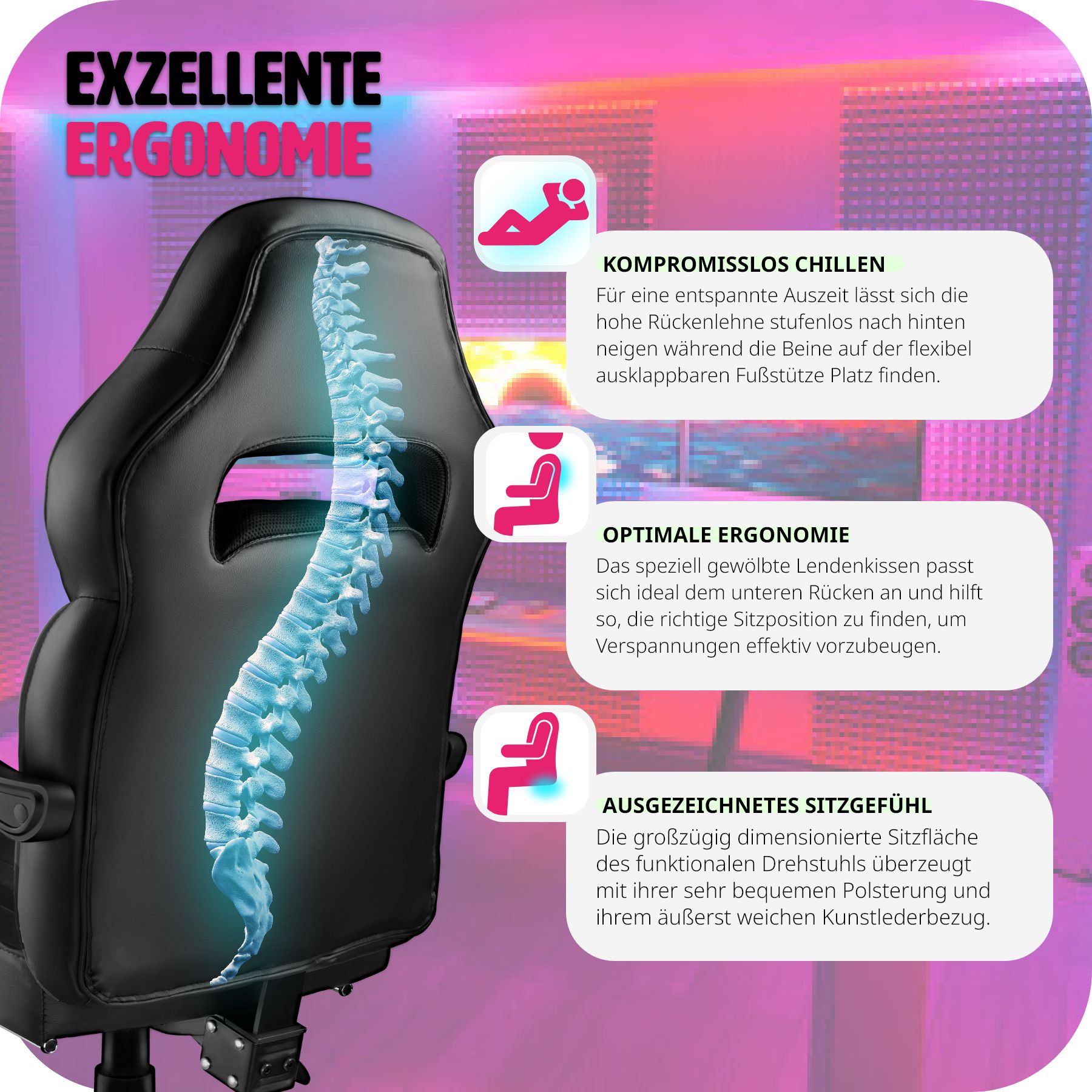 tectake® Racing Bürostuhl, ergonomische Form, mit Fußstütze und verstellbarer Rückenlehne, Kunstlederbezug, inklusive abnehmbarem Lendenkissen, inklusive Lendenkissen, Belastbarkeit 120 kg