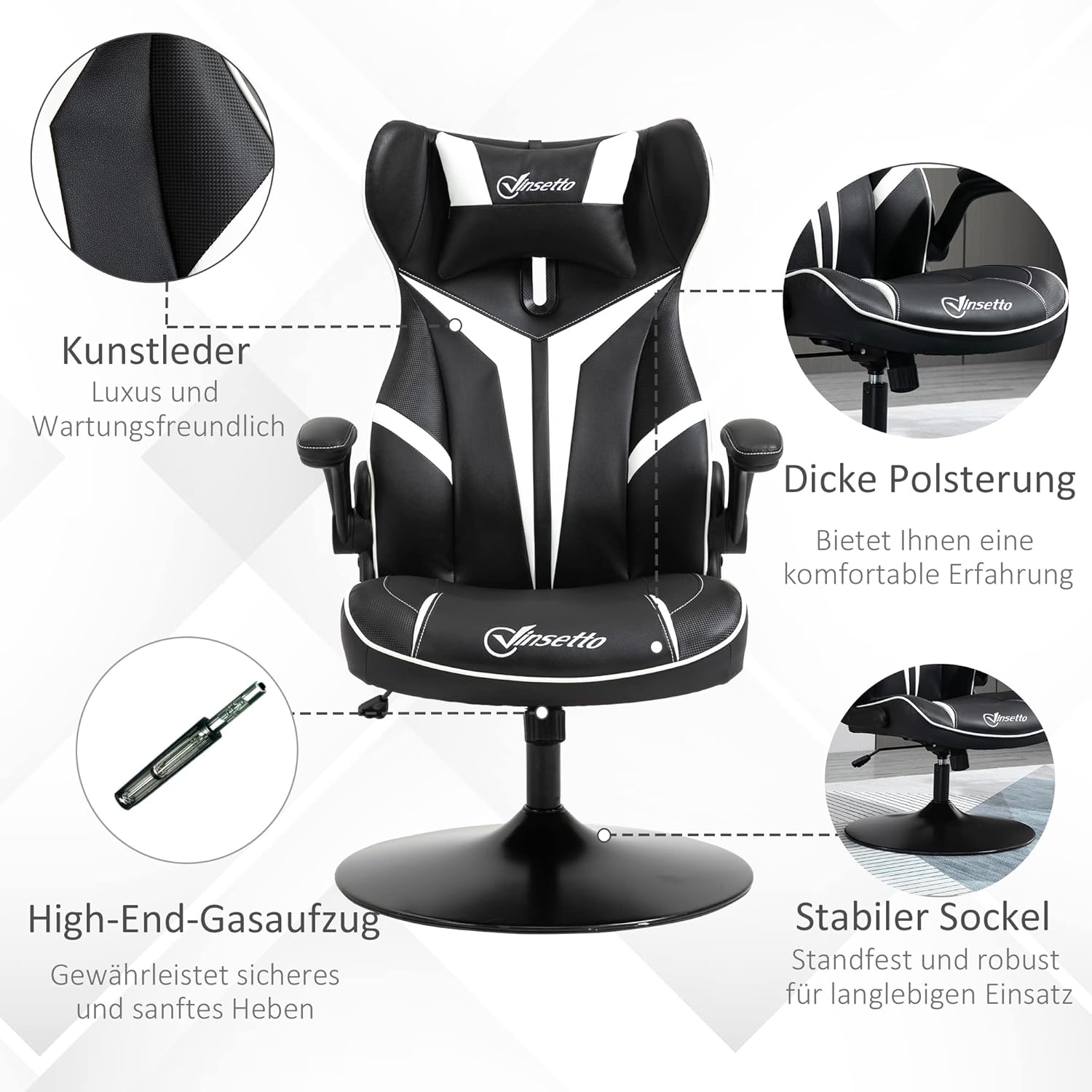 Vinsetto Gaming Stuhl ergonomischer Gamer Stuhl mit Kopfstütze und höhenverstellbar Gamingstuhl Bürostuhl mit Wippfunktion Schwarz+Weiß