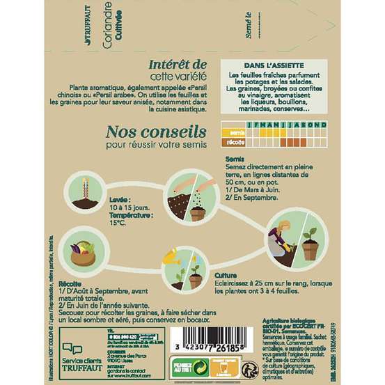 Graines de coriandre cultivée Bio en sachet