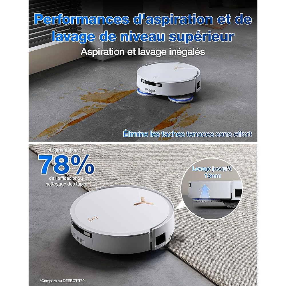 ECOVACS T50 Max Pro Omni Aspirateur Robot avec Station, 18500Pa, Brosse latérale et serpillière Extensibles, Ajout Automatique Solution de Nettoyage, Lavage à l'eau Chaude 40-75 ℃, Blanc : Cuisine et Maison