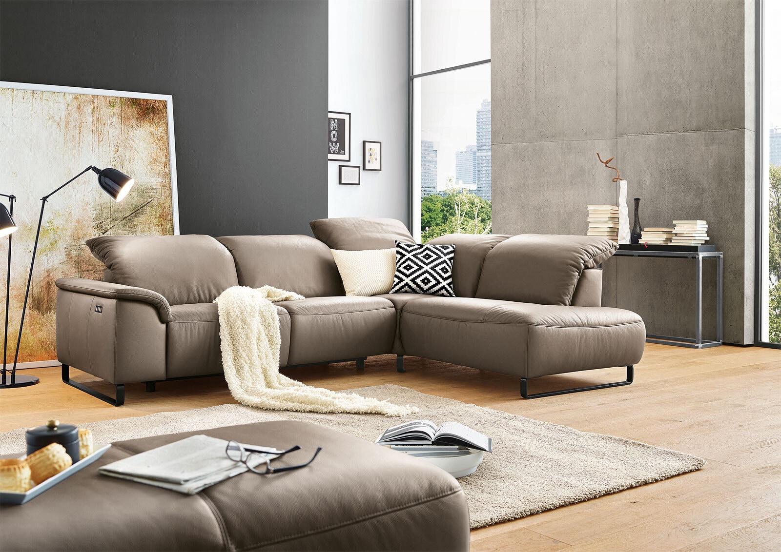 MONDO Ecksofa ATLA Lederbezug Taupe ca. 291 x 220 cm