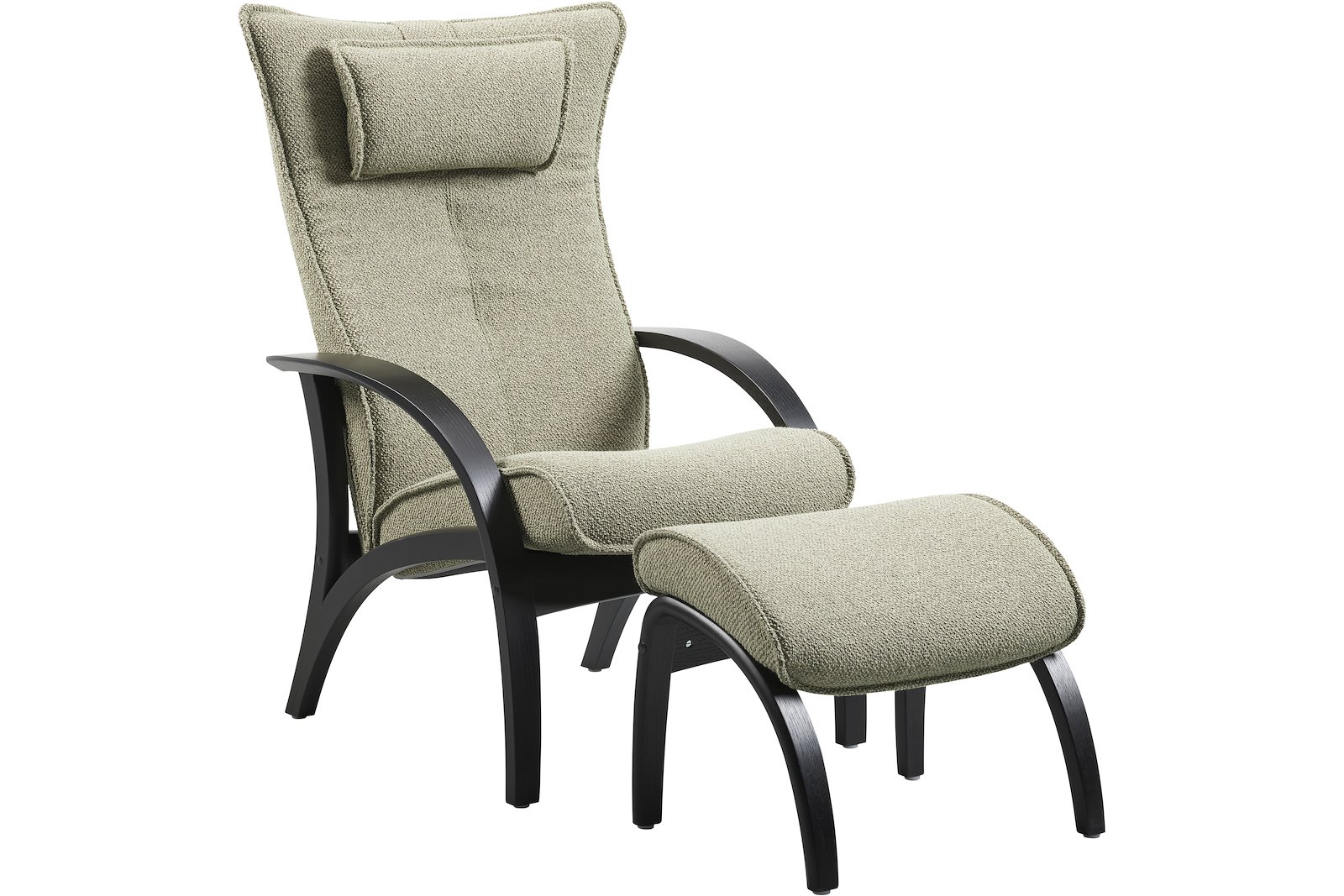 Delta Adventure lenestol I tekstil Taffie olive med ben i sortlakkert eik. Med krakk.
