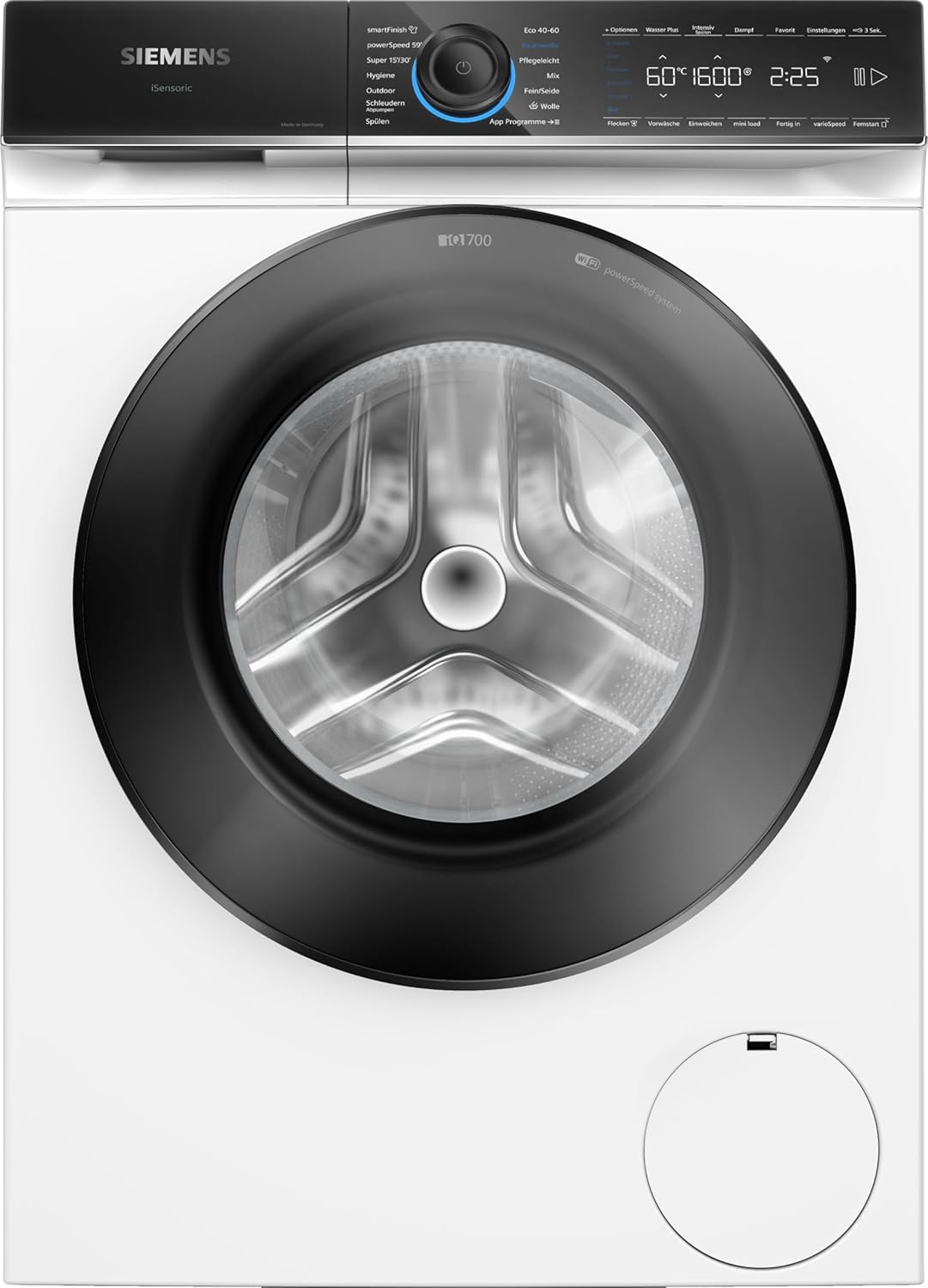 Siemens WG46B2071, iQ700, Smarte Waschmaschine 9 kg, 1600 UpM, Made in Germany, Antiflecken-System, smartFinish Bügelhilfe, schneller Waschen mit speedPack XL, Mini load für Einzelteile, aquaStop