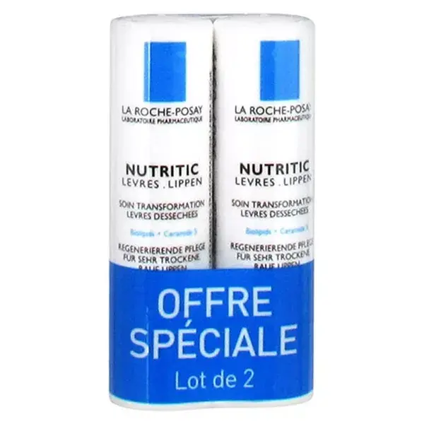Kit com 2 protetores labiais Nutritic da La Roche-Posay, cada um com 4,7 ml cada.