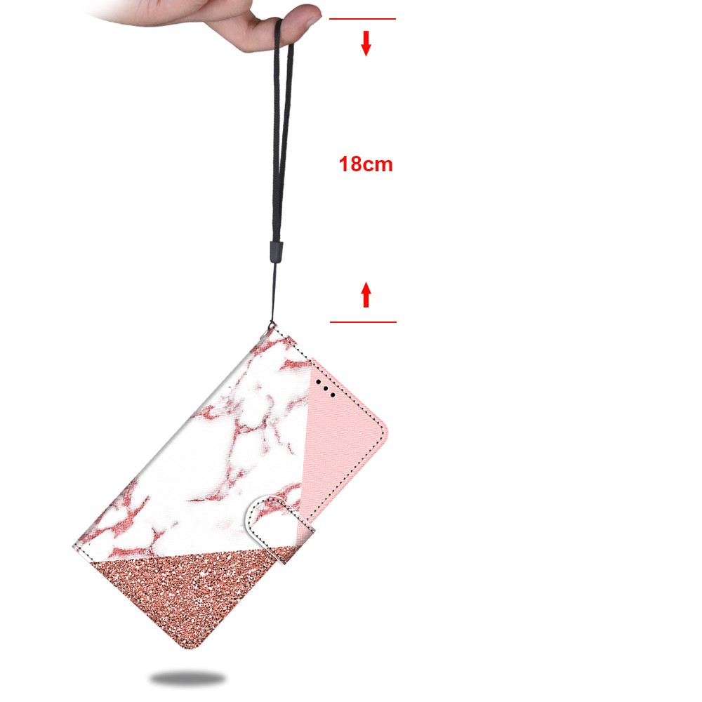 iPhone 13 Pro Leder Tasche mit Kartenfächer   Handschlaufe - Marble Marmor (Roségold / Weiss)