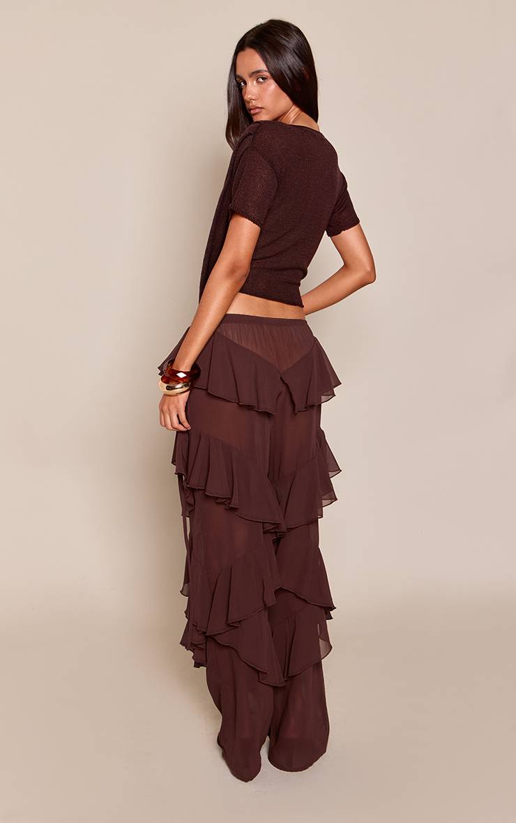 Chocolat Pantalon Large En Mousseline À Volants Étagés
