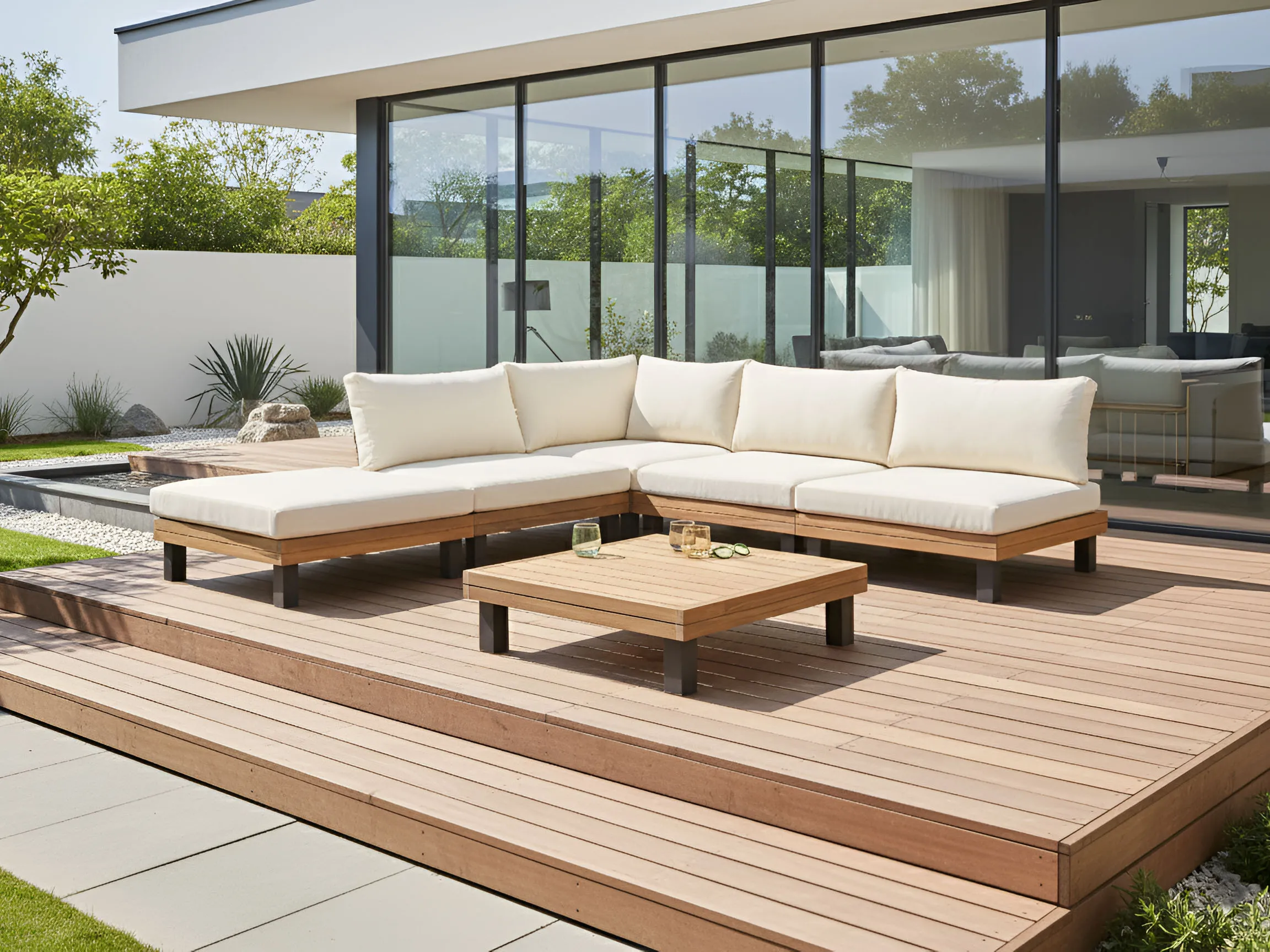 Tuin hoekloungeset met tafel 5-zits FRAZZANO Gecertificeerd acaciahout Gebroken wit