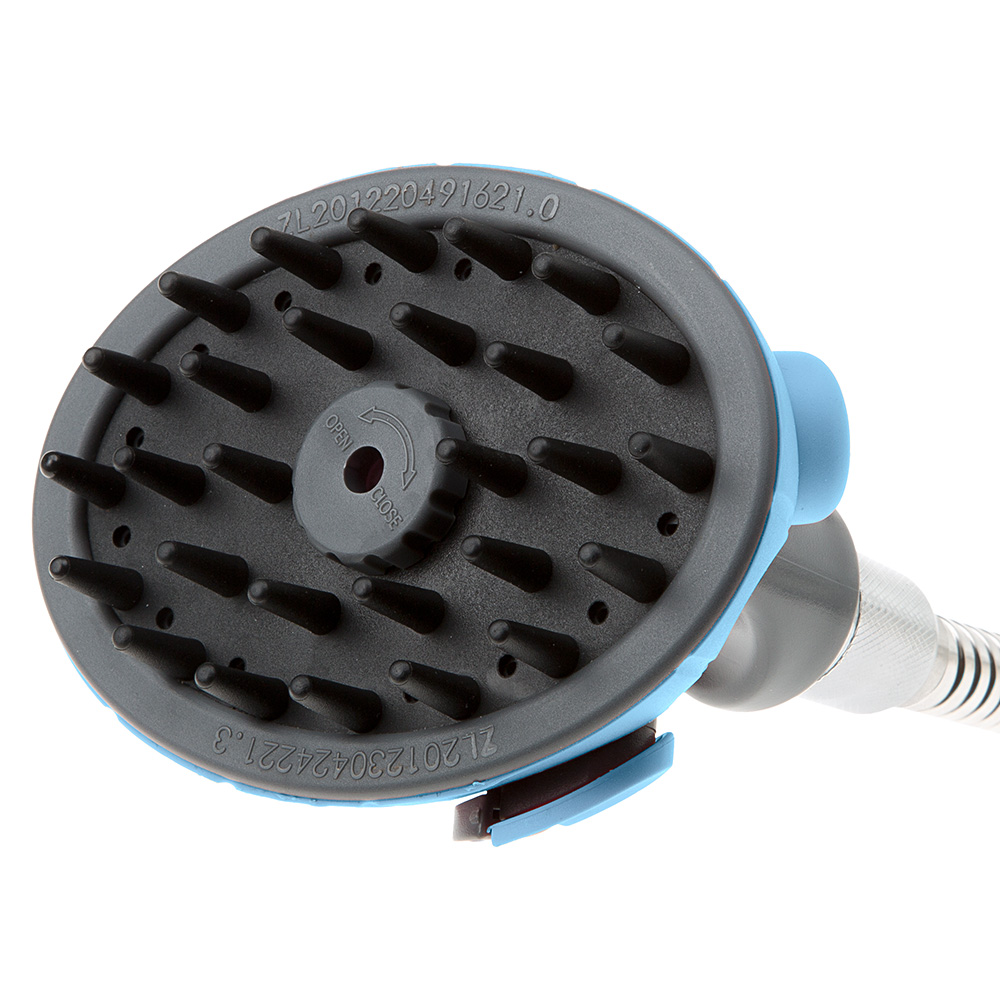 Douche pour chiens, dog shower, avec dents masseurs en caoutchouc et distributeur de savon