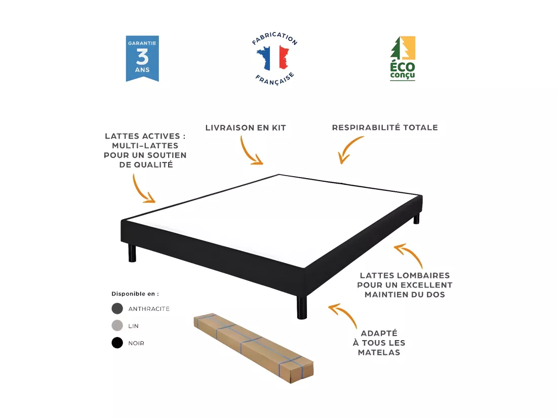 Sommier déco en Kit + pieds 90x190 - Newkit 20 lattes bois - Tissu crème - H. 18 cm
