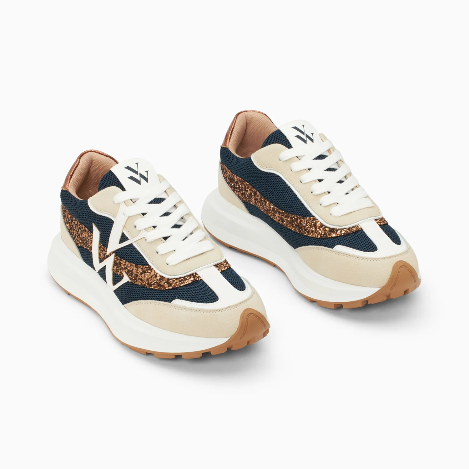 Sneakers-Baskets monogramme Inès marine et bronze à semelle oversize