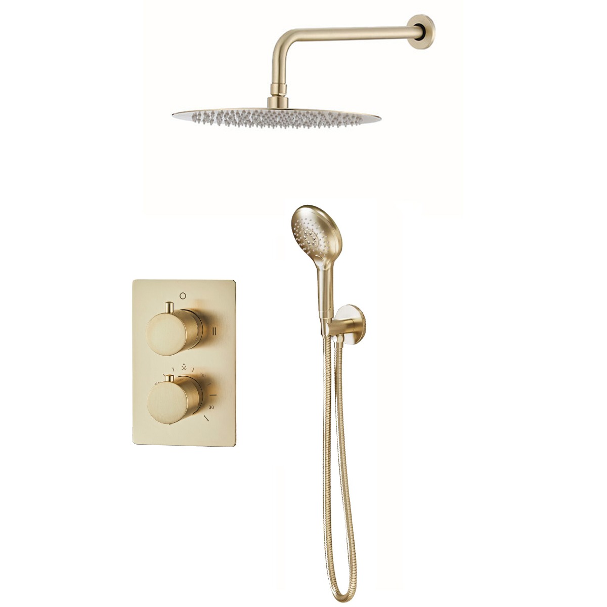 Saniclear Brass inbouw regendouche met 30cm hoofddouche, wandarm en 2 standen handdouche geborsteld messing - mat goud
