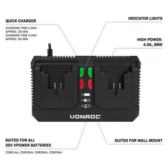 VONROC VPower 20V Startsæt – 2x 4.0Ah Akku & Dobbelt Hurtiglader – Klar til alle VONROC værktøjer