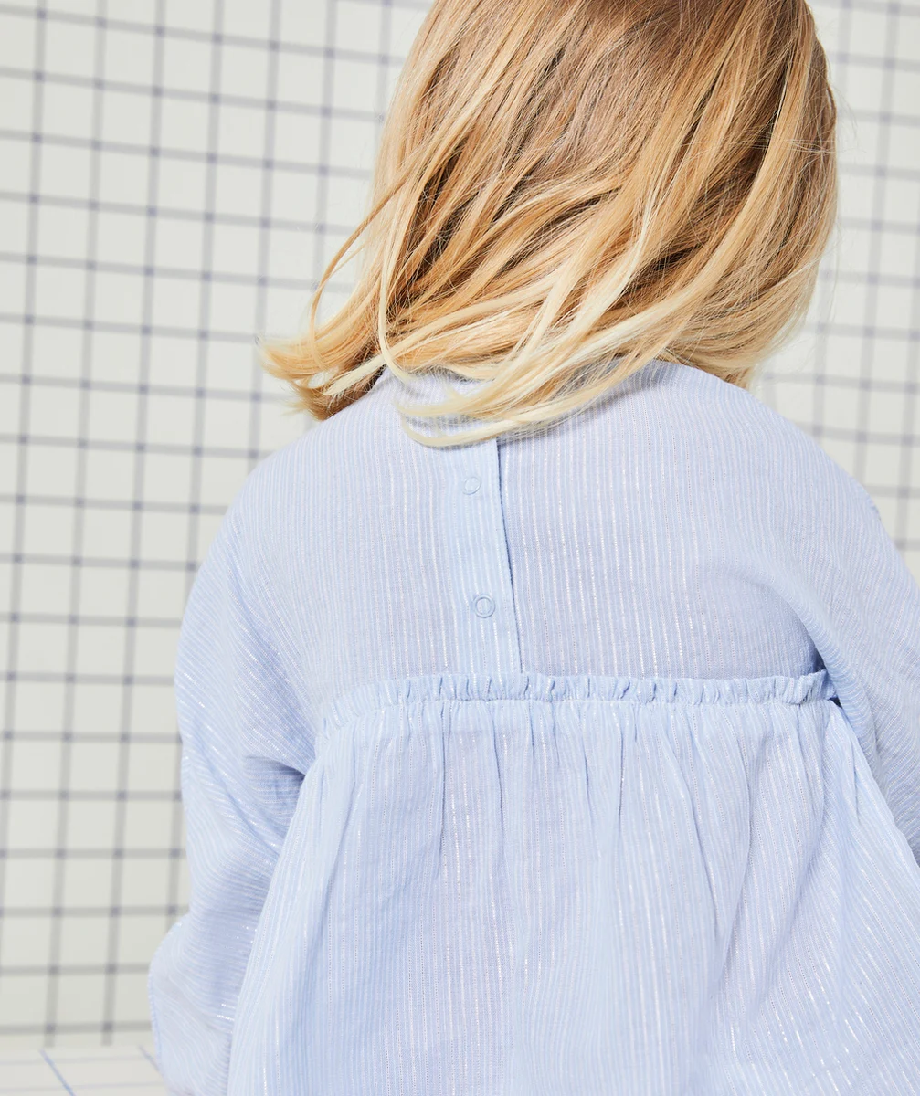 BLOUSE BÉBÉ FILLE BLEU CIEL À RAYURES COULEUR ARGENTÉE