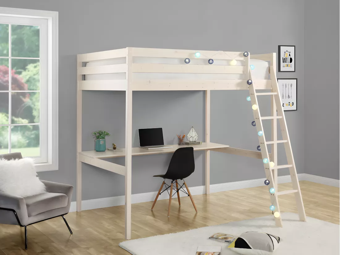Lit mezzanine GEDEON II - 140 x 190 cm - Avec bureau - Pin massif - Blanchi + matelas