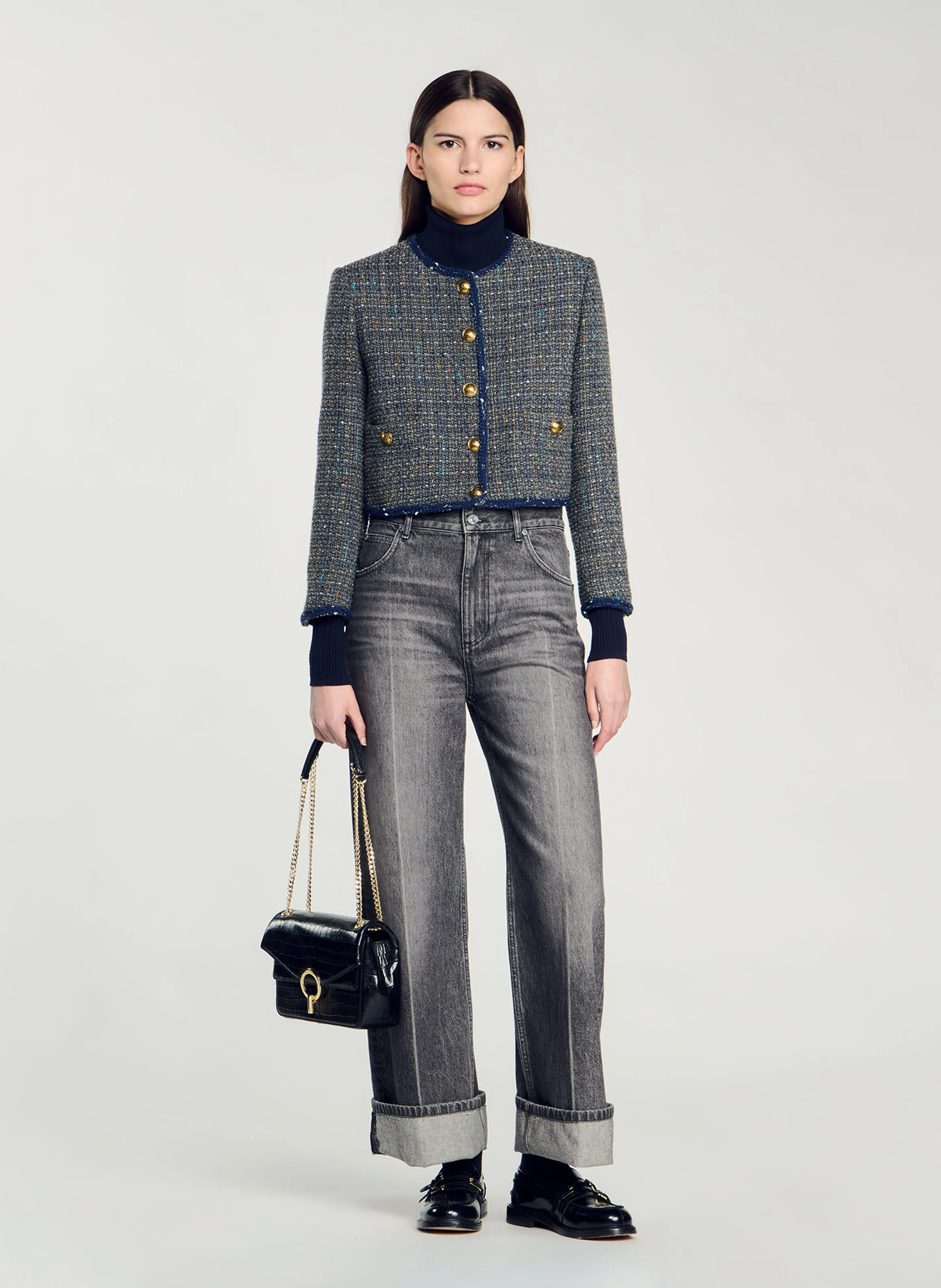 Veste droite col rond en tweed | Gris