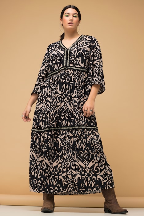 Maxikleid, Black&White Print, Ziertapes, V-Ausschnitt, 3/4-Ärmel