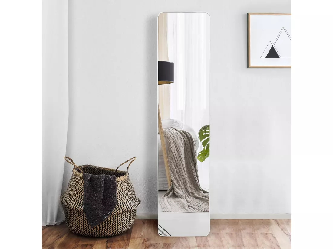 Miroir sur Pied Rectangulaire, Miroir Mural en Style Contemporain, Bord Rond, pour Chambre, Salon, Salle de Bain, 160 x 37cm, Blanc