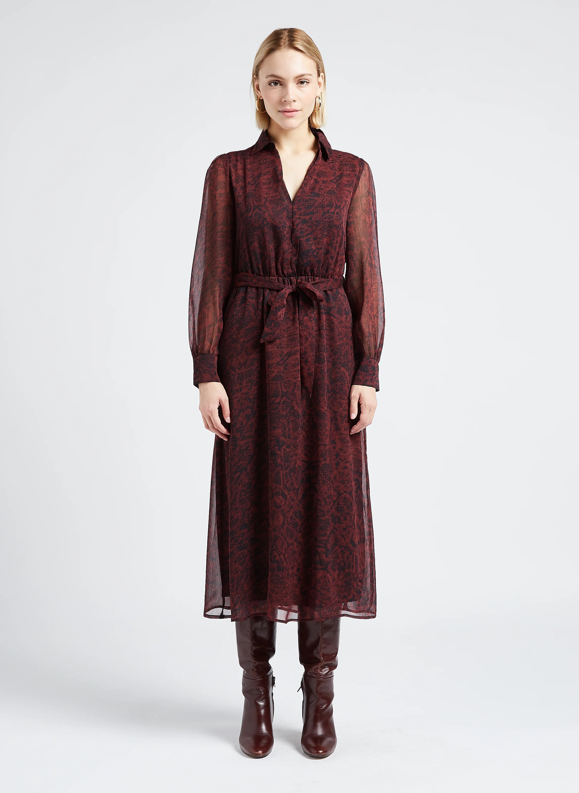 LORETTE - Robe mi-longue col italien imprimée | Violet