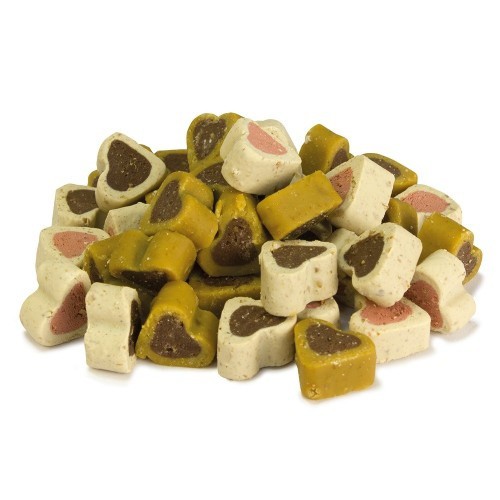 Mistura de petiscos Arquivet Soft Hearts para cães, com sabores de arroz, cordeiro, frango e salmão.