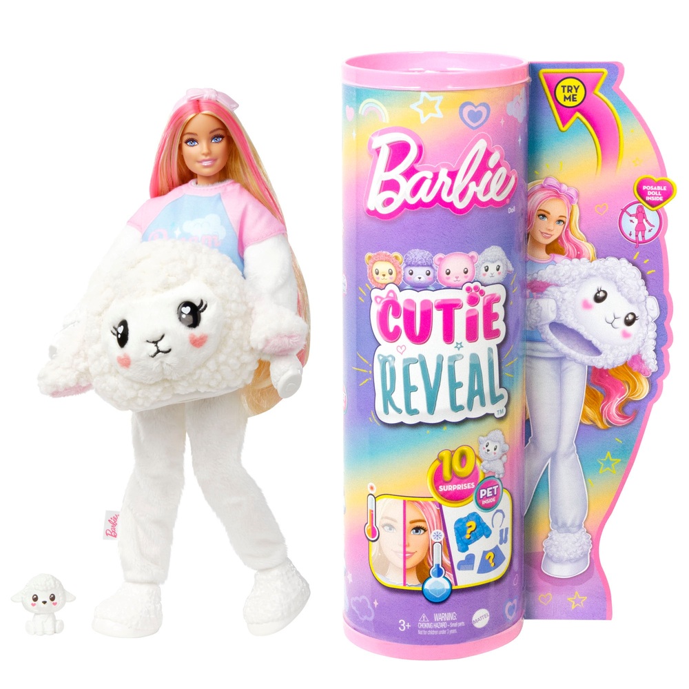 Barbie Cutie Reveal Cozy Cute Tees Puppe mit Lamm-Plüschkostüm und 10 Überraschungen