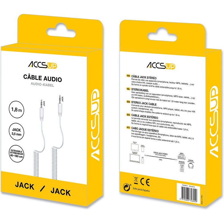 Câble et Connectique Accsup CABLE SPIRALE JACK 3,5 / JACK 3,5 1,5M BLANC