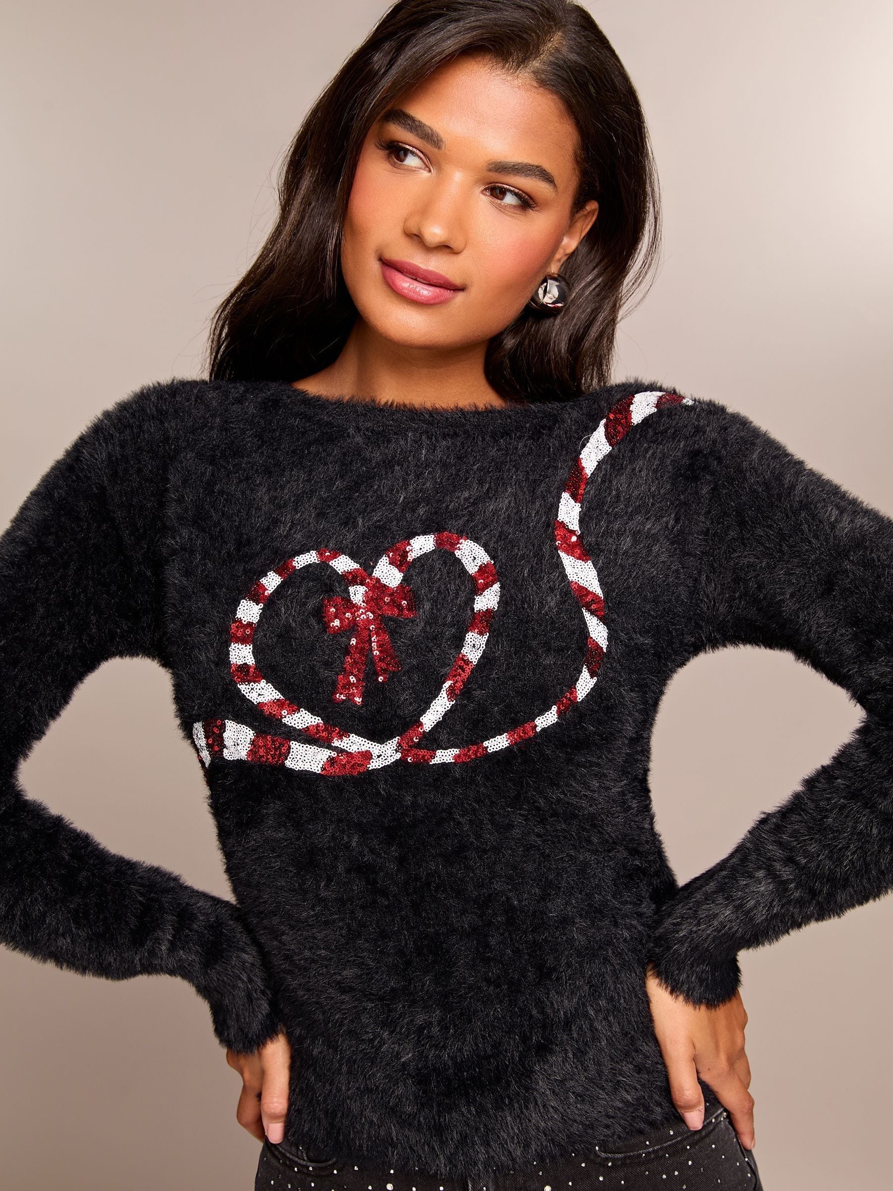 Zwart met zuurstok - Lipsy Gebreide trui met kerstslogan en ronde hals