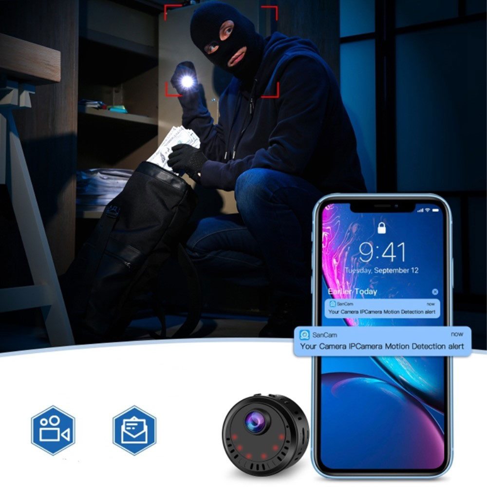 Mini WiFi IP Kamera Ultra HD 4K Infrarot LED's Nachtsichtfunktion mit Akku (500mAh) und Micro SD Kartenslot   Halterung und Clip-Halter (iOS/Android)
