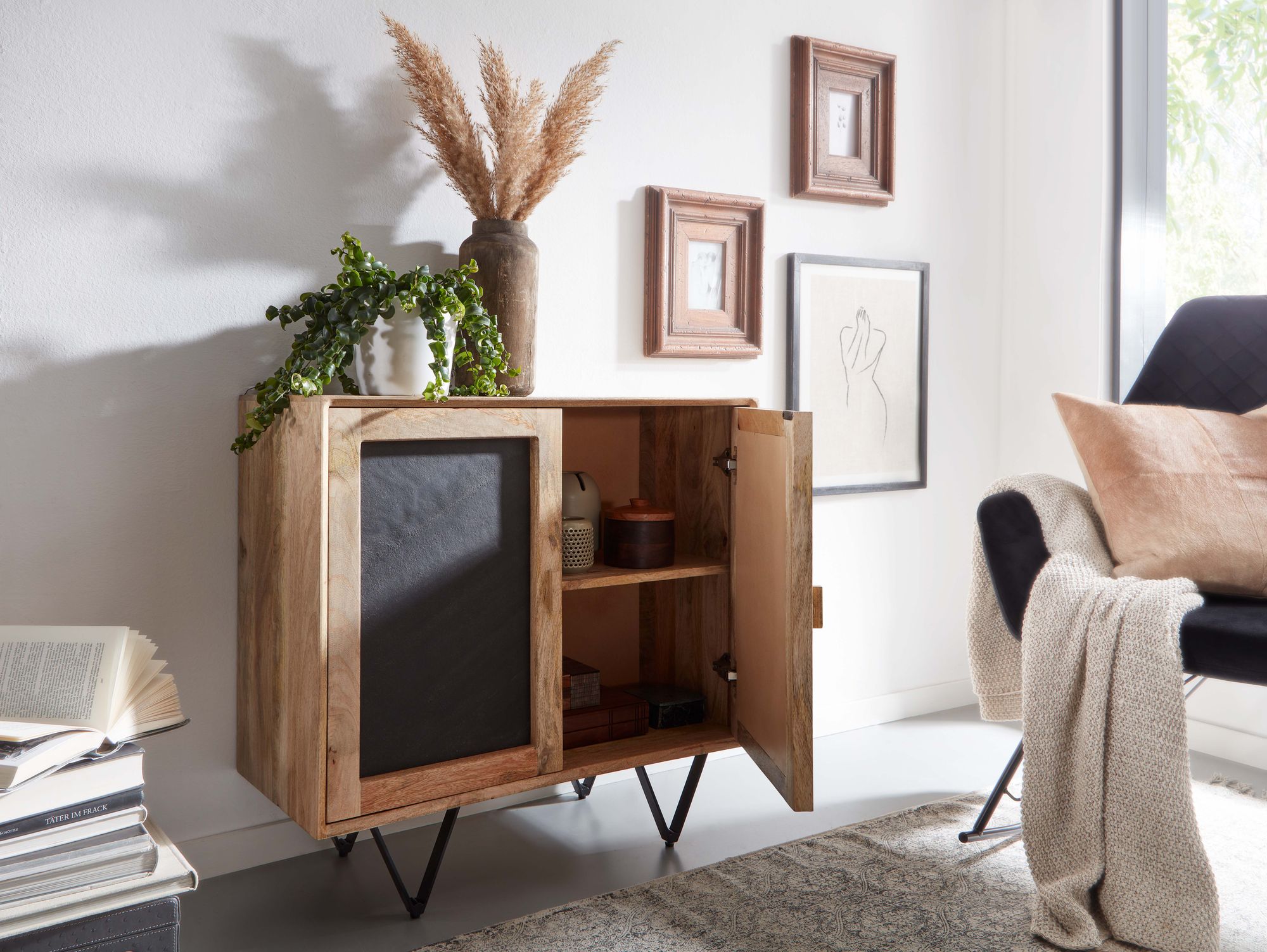 KADIMA DESIGN Sideboard, Mangoholz, Stauraum, anthrazitfarbene Türfronten, 80x75x35 cm