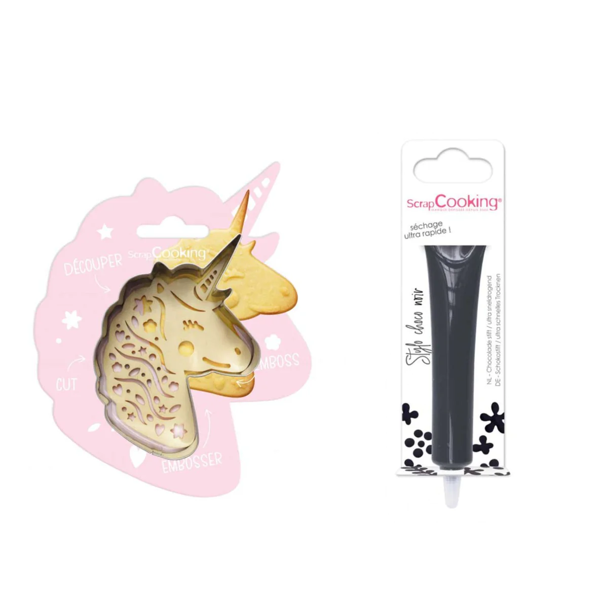 Kit pour biscuit en relief Licorne + Stylo au chocolat noir Scrapcooki