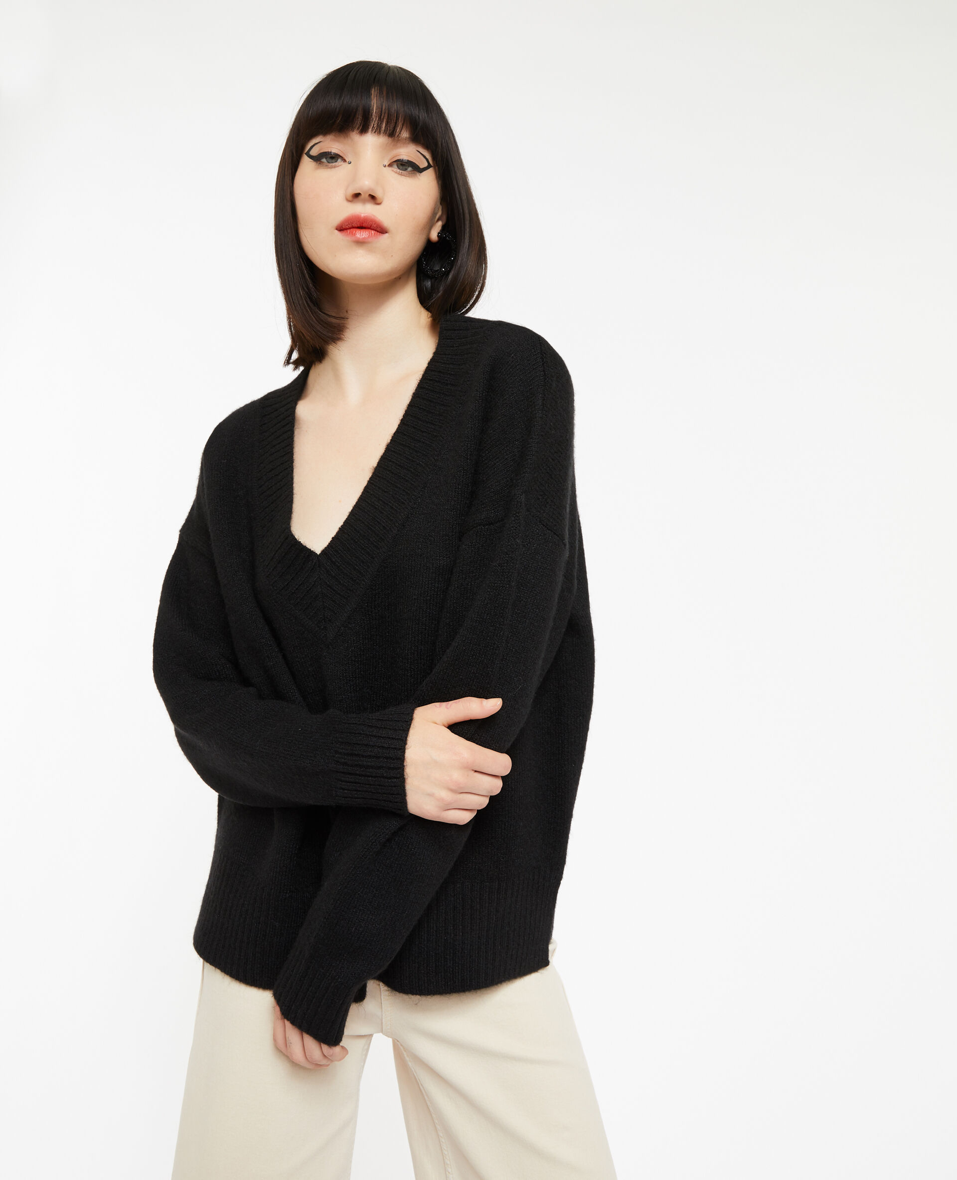Pull droit avec grand col V - Noir