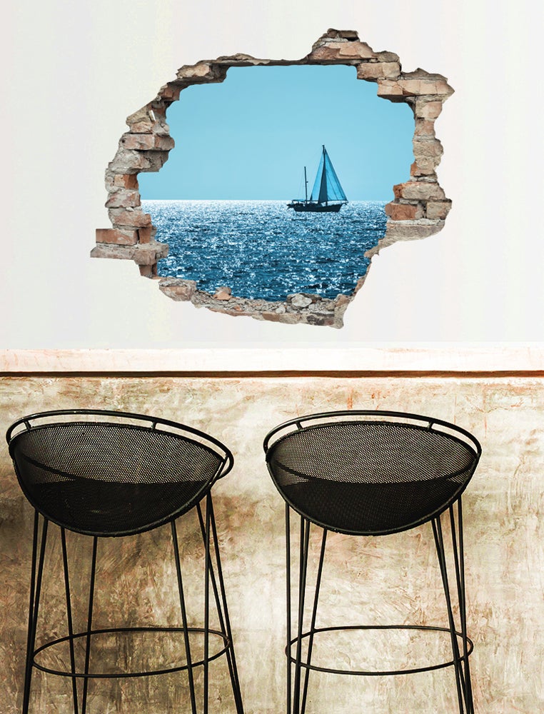3D wanddoorvoer zelfklevende sticker zeilboot WS1078_60x50 cm