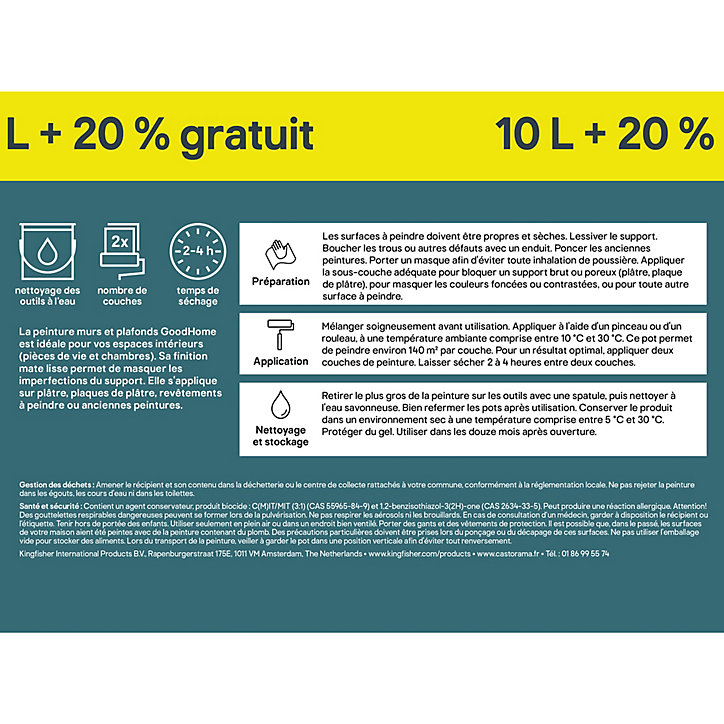 Peinture murs et plafonds GoodHome blanc mat 10L + 2L