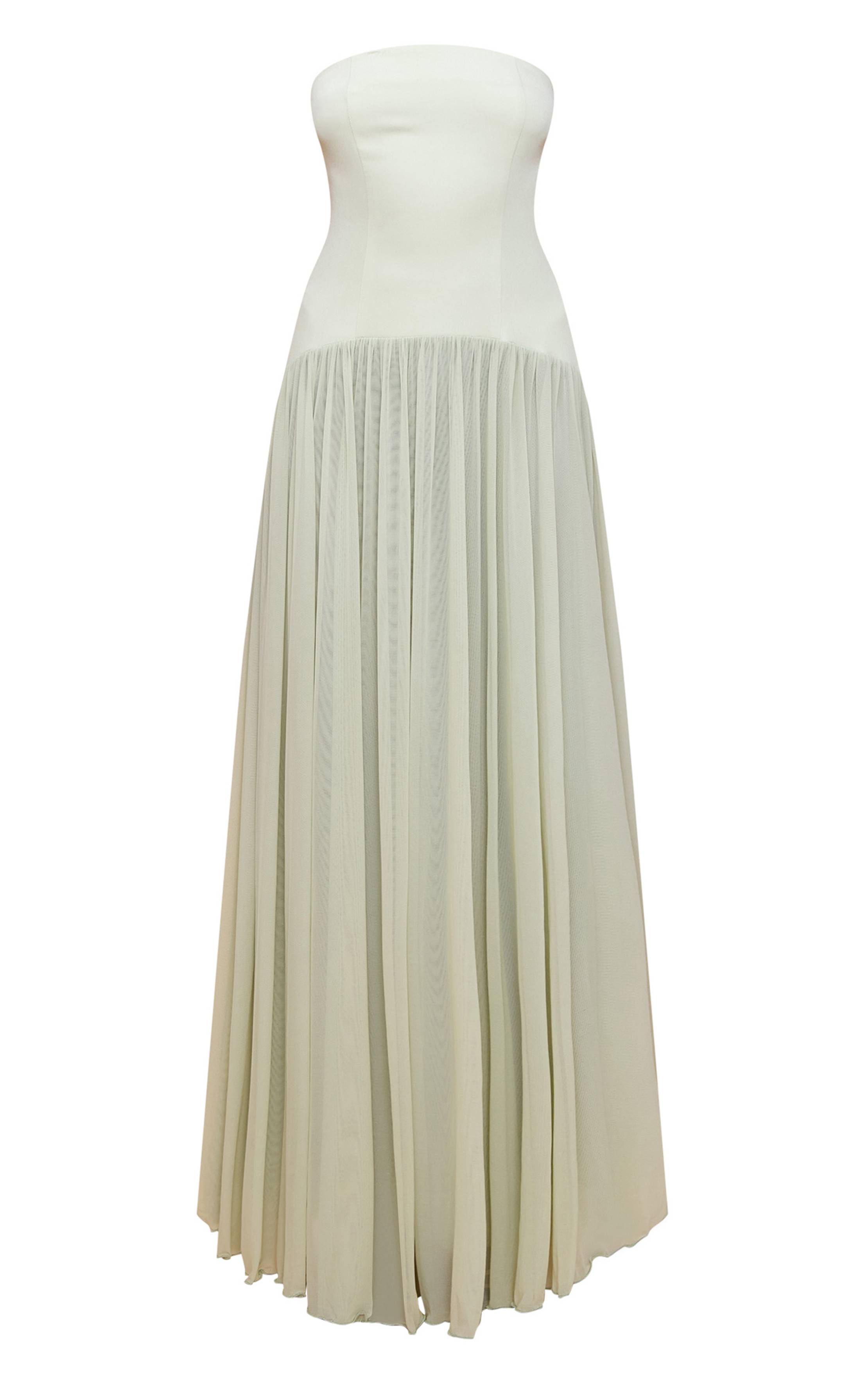 Vert Sauge Robe Longue Plissée En Mousseline Bustier Bandeau