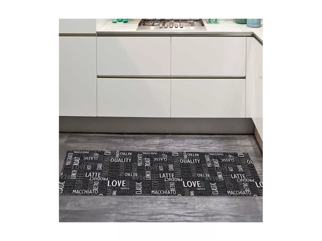 tapis cuisine 67x180 gris motif texte CAFE LOVE