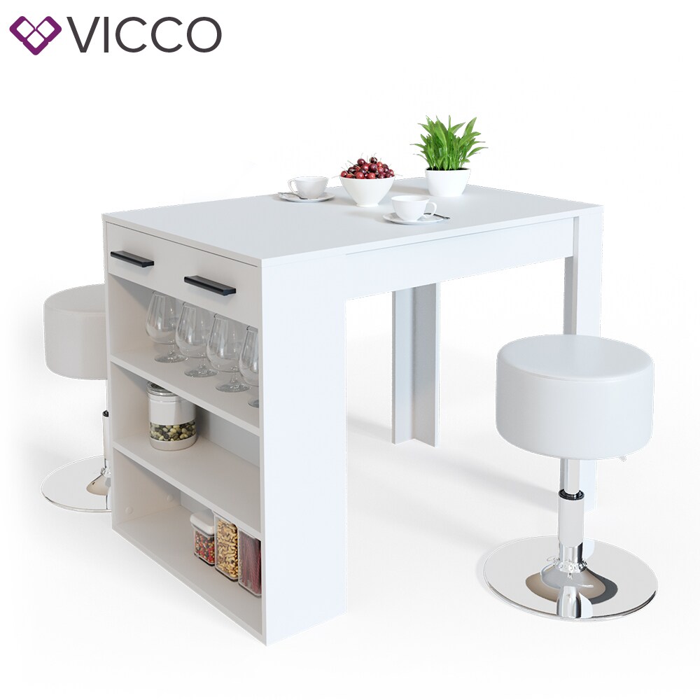 Vicco Bartisch Esstisch Tisch Bistrotisch Essplatz Schublade Regal Bar Weiß inkl. Barhocker